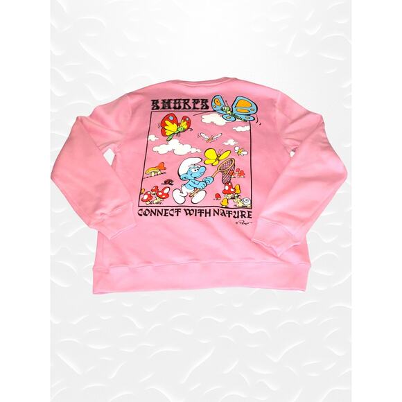 Smurfs Pink Sweatshirt Women's Size M Retro 90s Y2K Butterfly Mushroom Nature - Picture 2 of 6